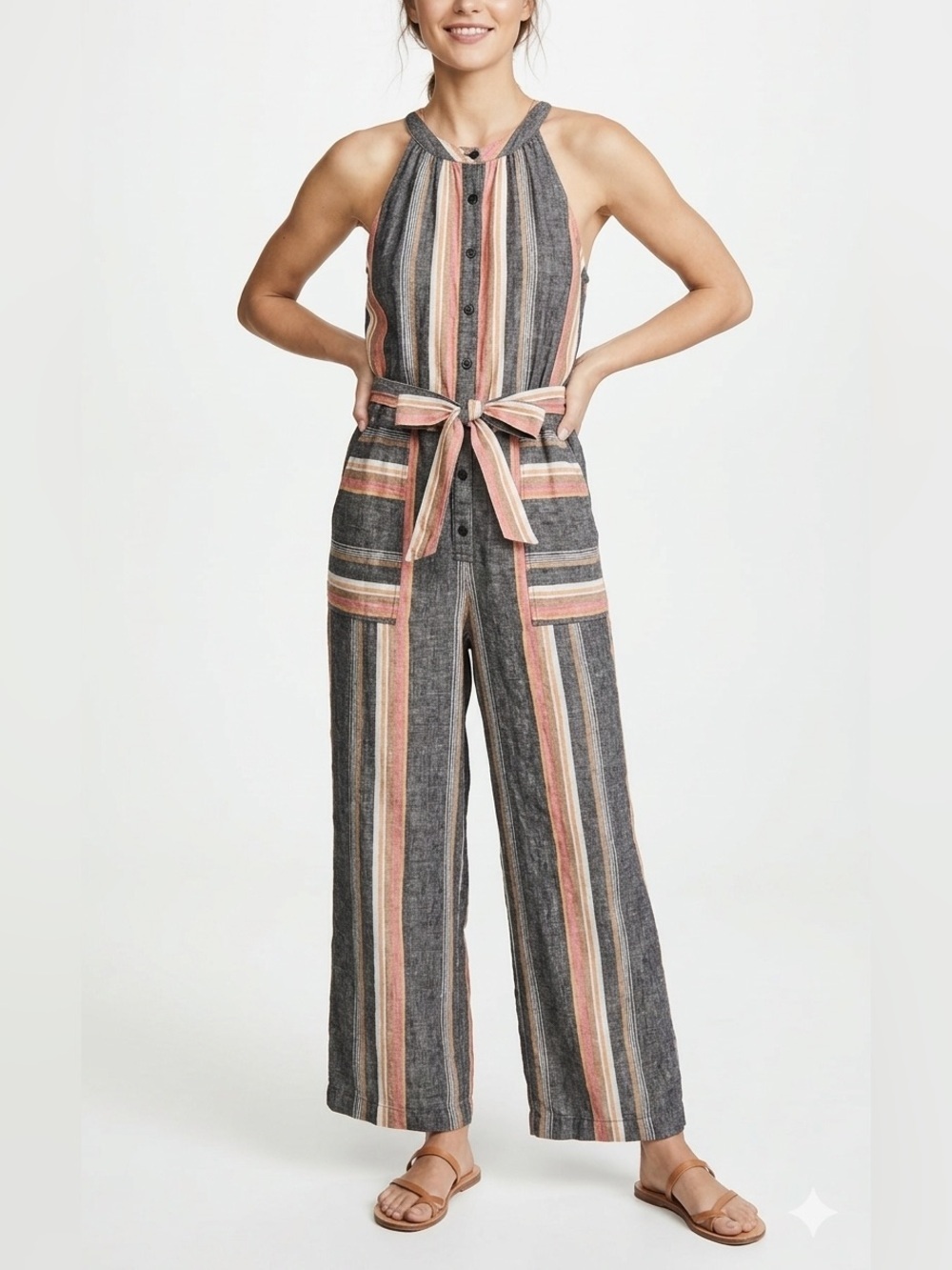 Joie Striped Halter Wide-Leg Jumpsuit 100% Linen